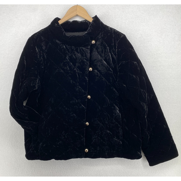 TALBOTS Jacket 16 Velvet Diamond Quilted Down Asymmetrical Button Insulated Blk - Picture 1 of 11